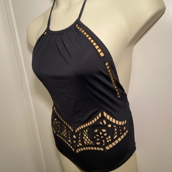 Black one piece swimsuit with nude inner lining - Picture 2 of 4